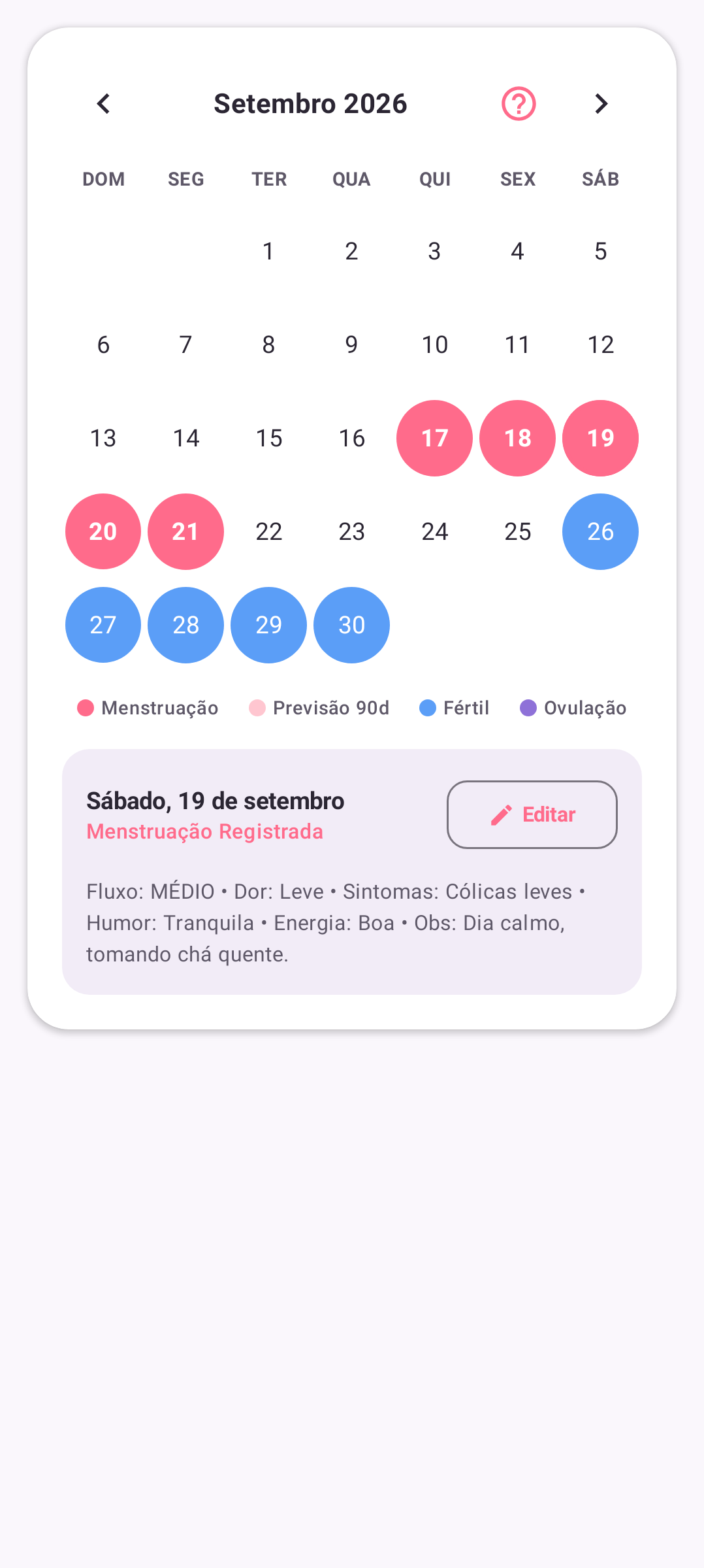 Calendário do ciclo menstrual com previsão de 90 dias