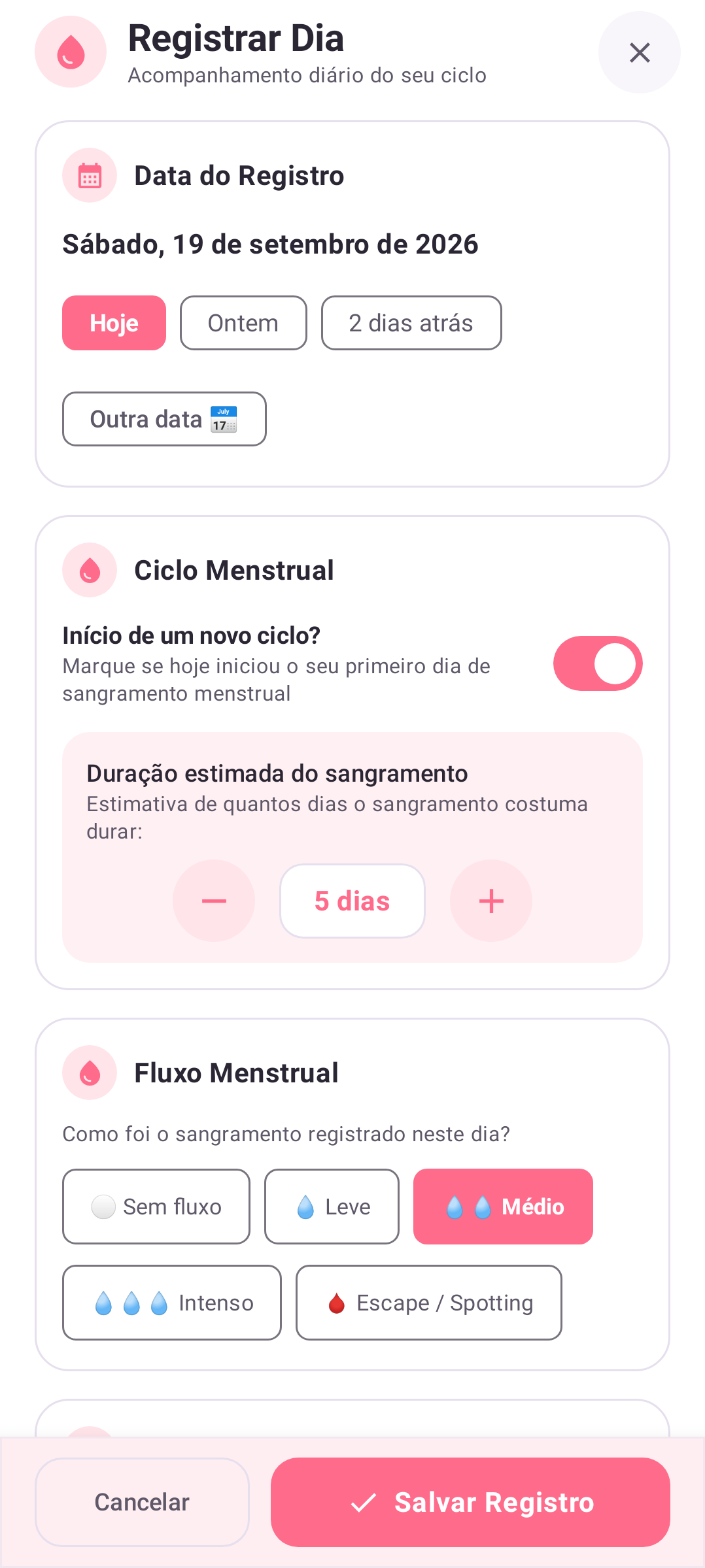 Registro diário de fluxo menstrual e notas