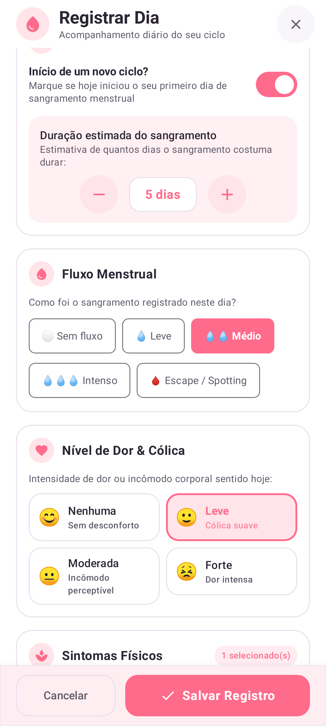 Registro de dores e sintomas corporais