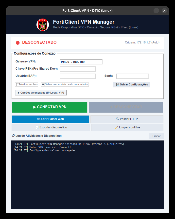 Tela principal do FortiClient VPN Manager com campos de gateway, PSK, usuário e senha