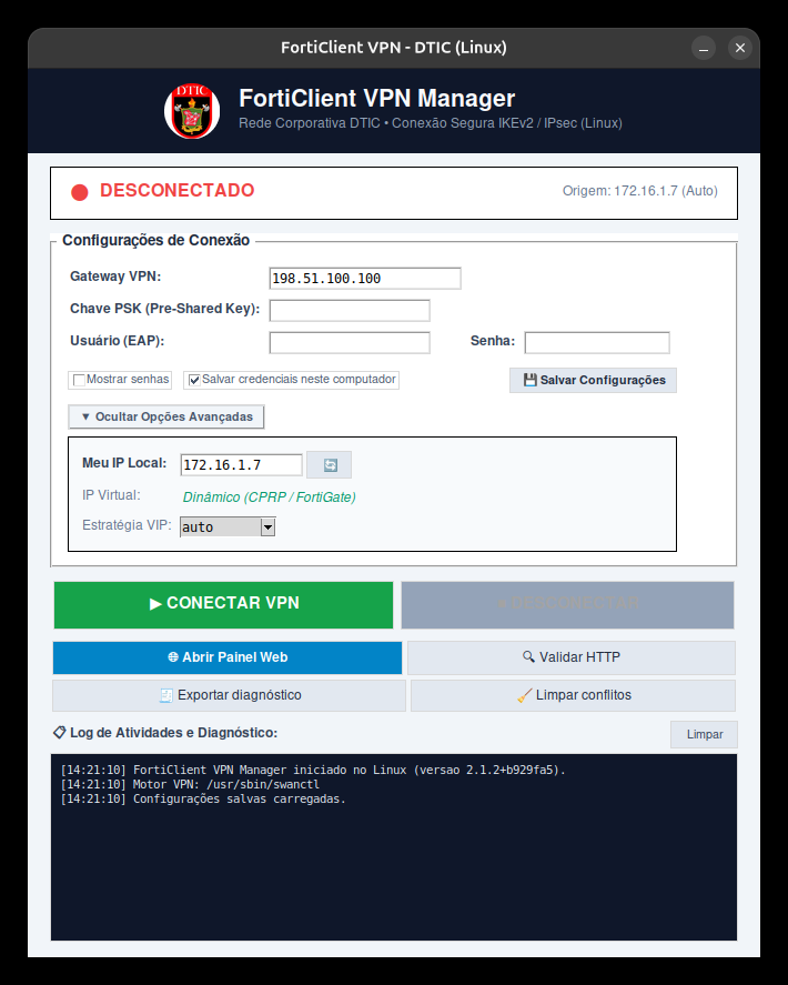 Opções avançadas com IP local detectado automaticamente e estratégia de VIP